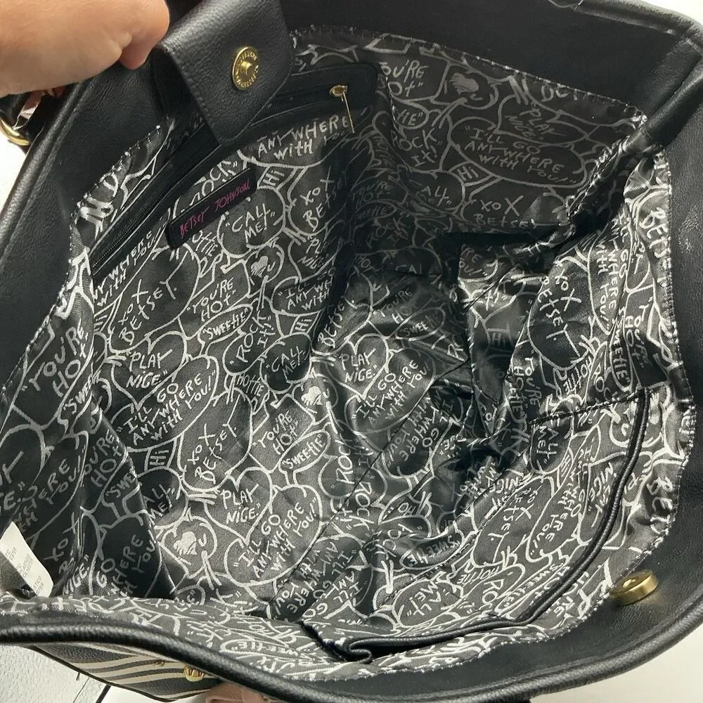 Betsey Johnson Black White Stripe Large Tote Bag Bows Hearts Lipstick Charms